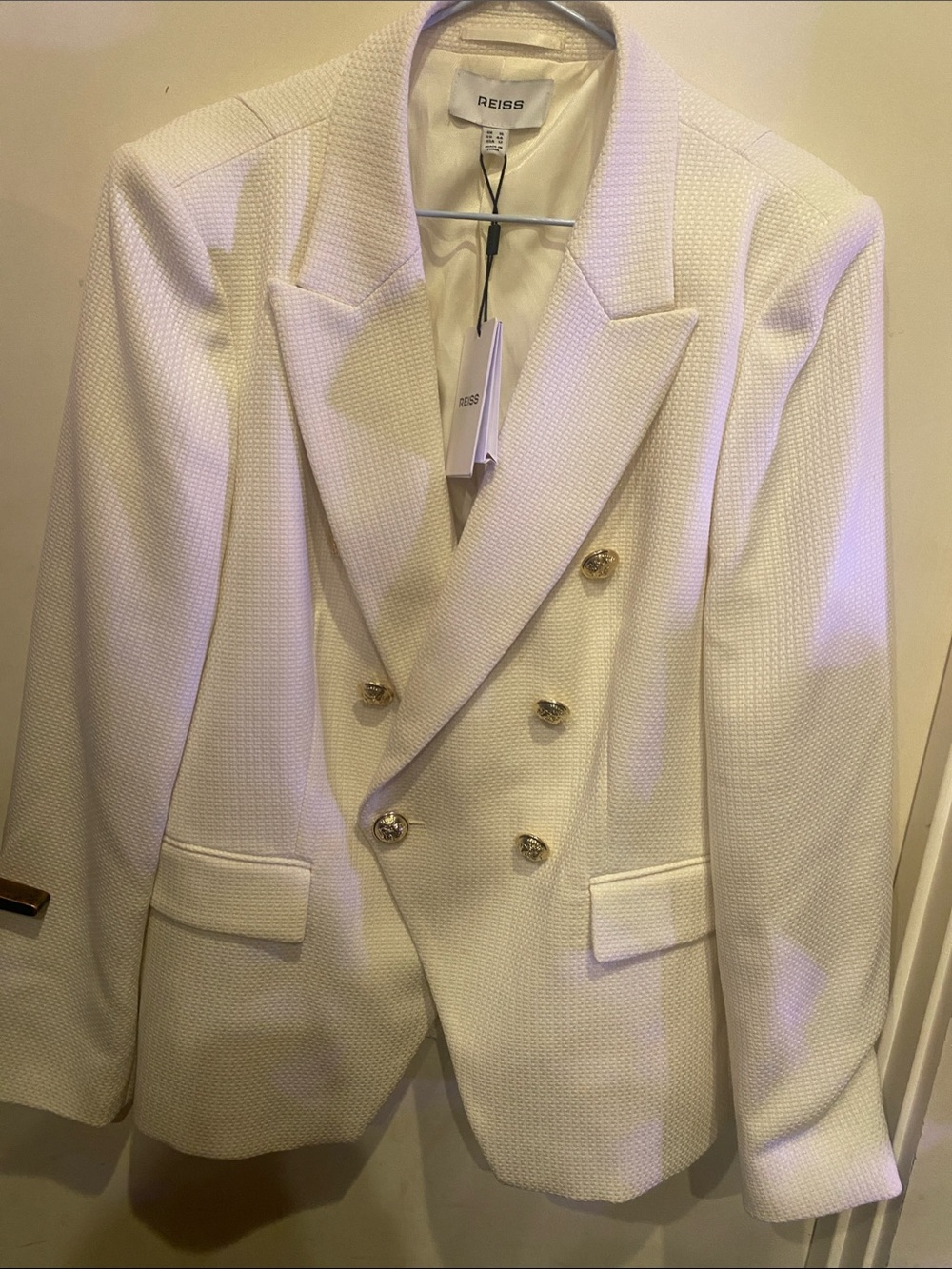 Reiss Double-Breasted Cream Textured Blazer with Gold Buttons